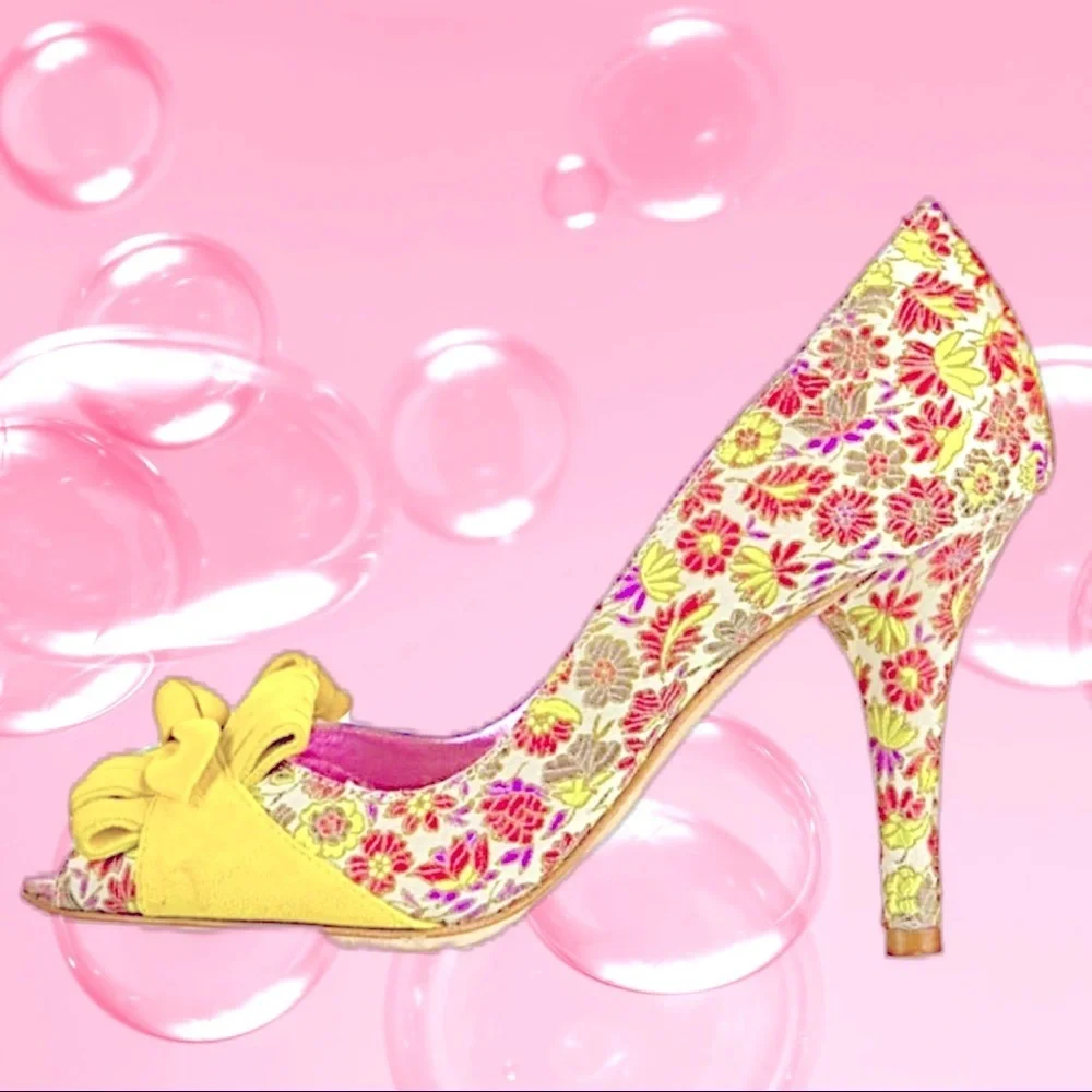 Etro Retro pink & Yellow Peep-Toe Shoes Ruffles & Bows 6